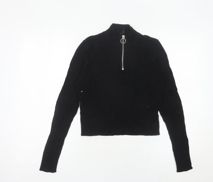 H&M Divided Women’s Black Slim Fit Cropped Knit Zip Mock Neck Top M