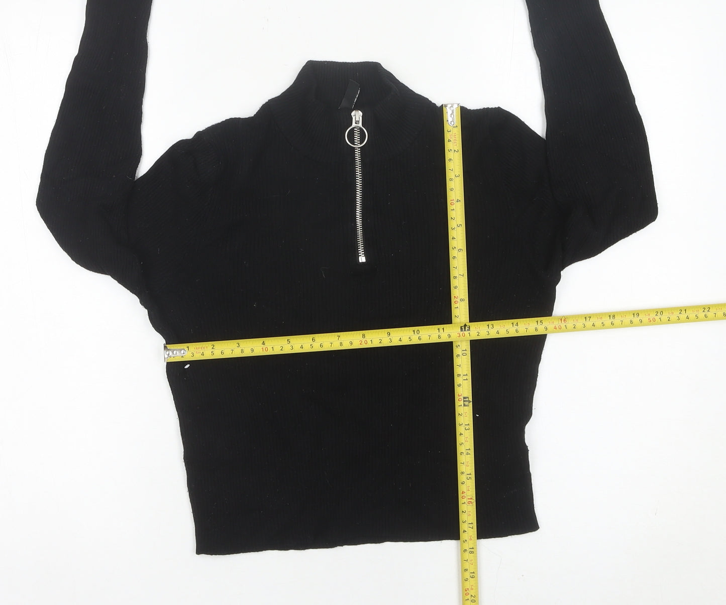 H&M Divided Women’s Black Slim Fit Cropped Knit Zip Mock Neck Top M