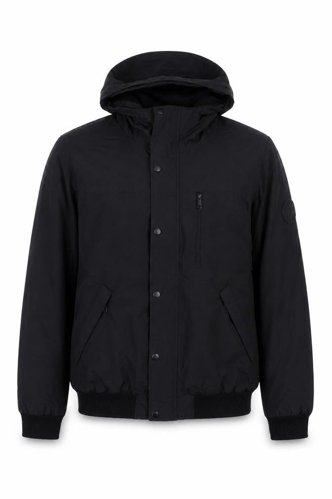 Front view of Primark Men’s Black Bomber Jacket Hooded, size M, Polyester Casual