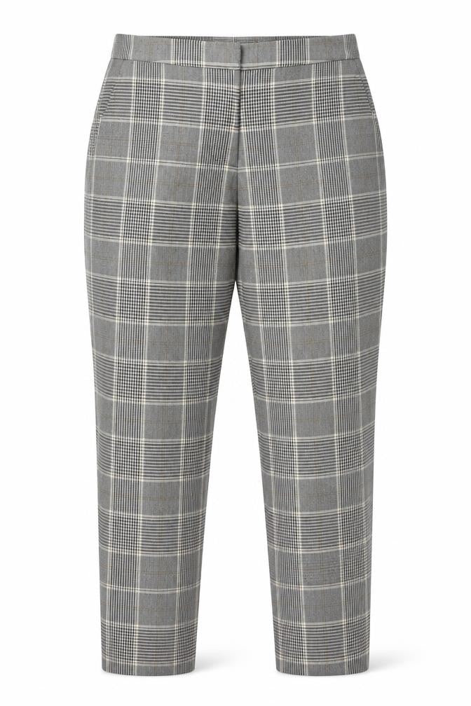 Front view of H&M women’s grey check slim chino trousers, size UK 8, workwear