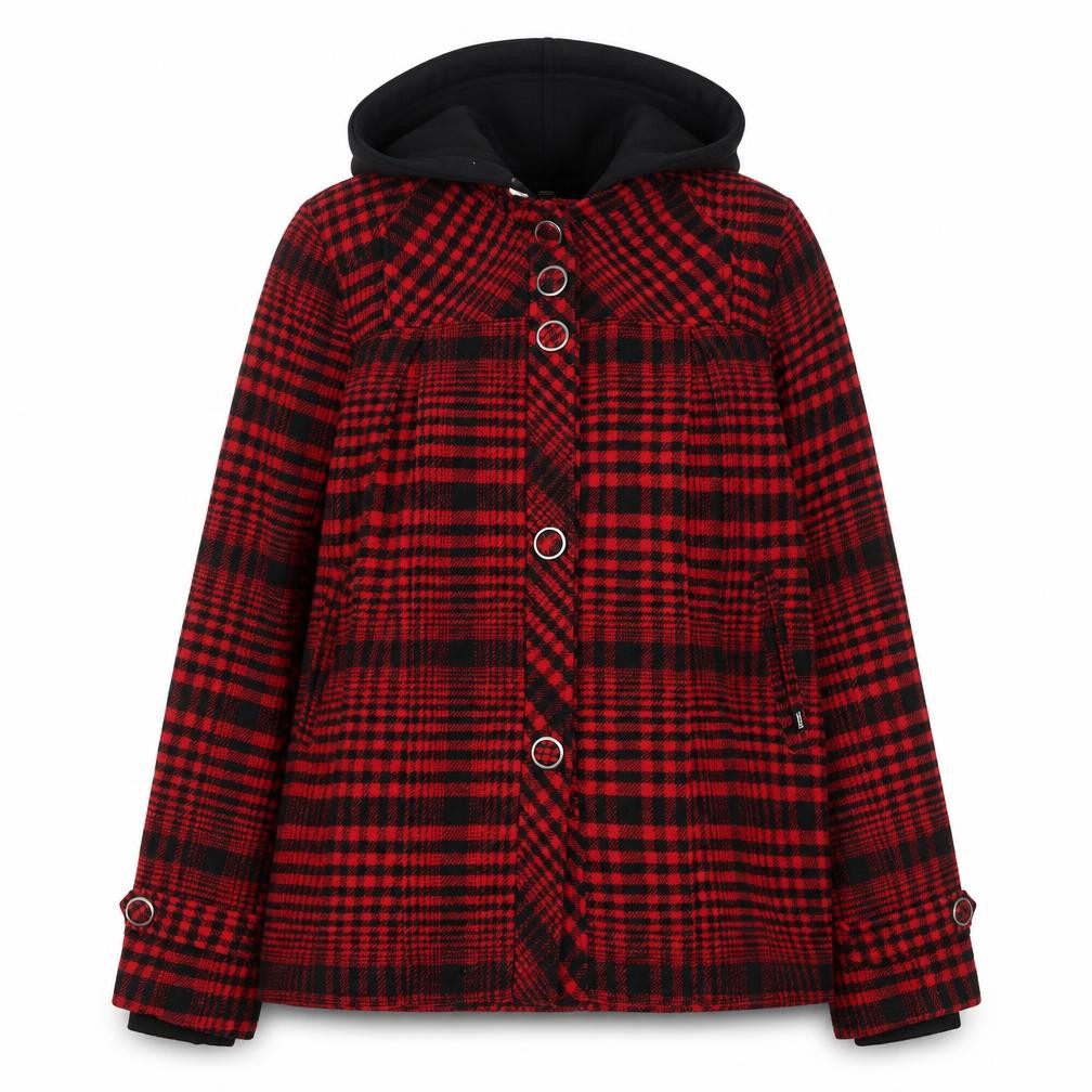 Front view of Vans women’s red check hooded jacket, size M, acrylic wool