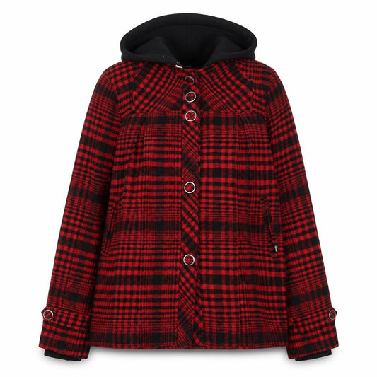 Front view of Vans women’s red check hooded jacket, size M, acrylic wool
