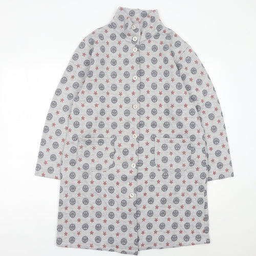 LEONA Women’s Grey Coatigan L Smiley Star Print Mid-Length Jacket