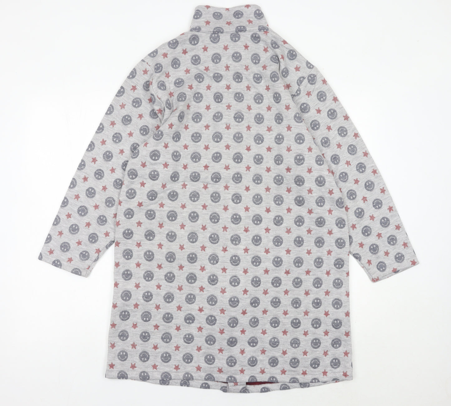 LEONA Women’s Grey Coatigan L Smiley Star Print Mid-Length Jacket