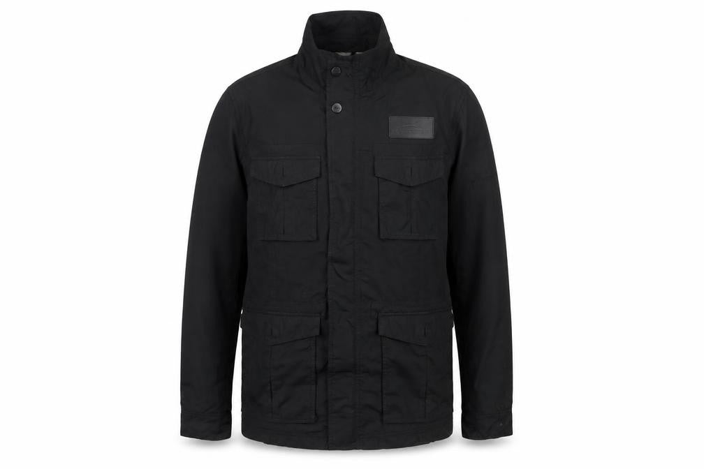 Front view of Vredestein Men’s Black Military Jacket L Regular Fit Pockets Zip