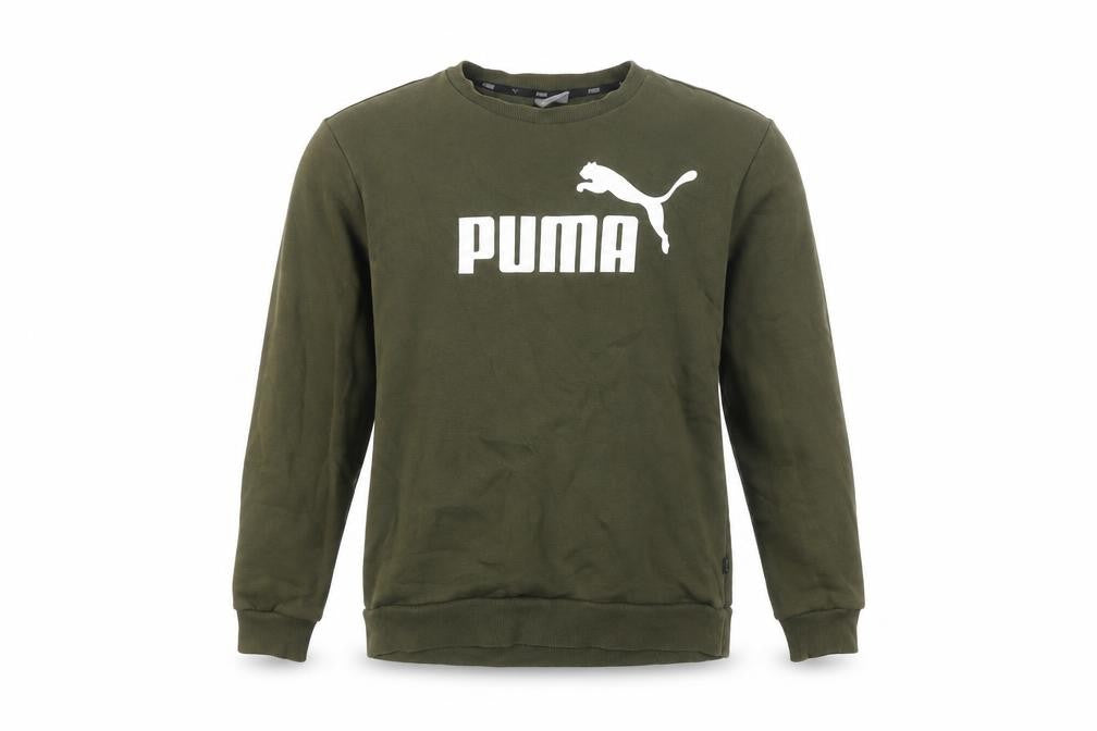 Front view of Puma men’s green pullover sweatshirt m logo crew neck sportswear