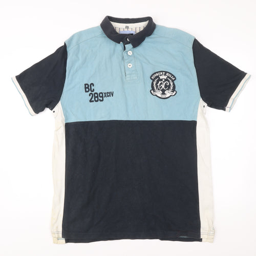 Boston Crew Mens Polo Shirt Blue White Black Large 42-44" Cotton Colourblock