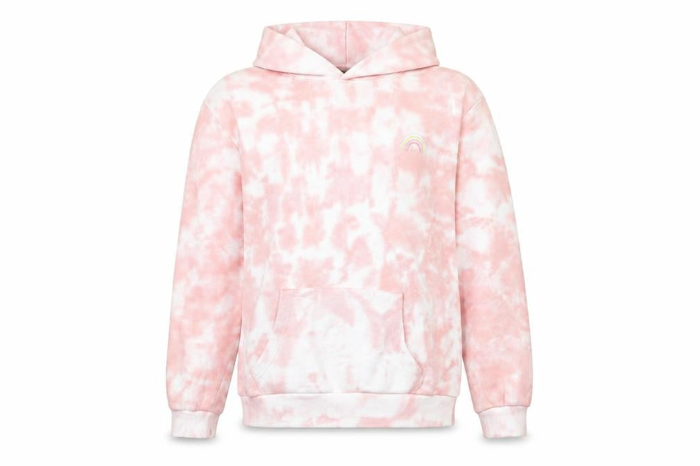 Front view of Neon Sheep women’s pink tie dye pullover hoodie, size L