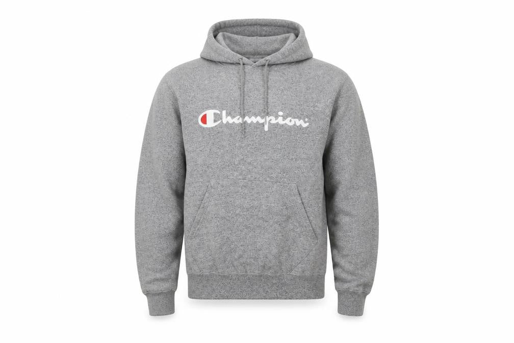 Front view of Champion Men's Grey Pullover Hoodie S Logo Graphic Sweatshirt