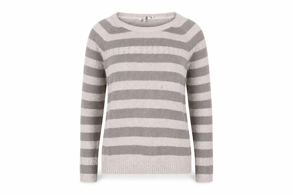 Front view of FatFace Women’s Grey Striped jumper, size UK 12, Wool Blend