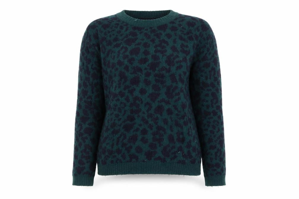 Front view of French Connection Women’s Green Leopard Print Jumper, size S, Pullover Knitwear