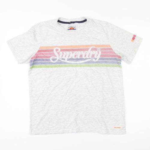 Superdry Womens Grey Striped Retro Logo T-Shirt UK 12