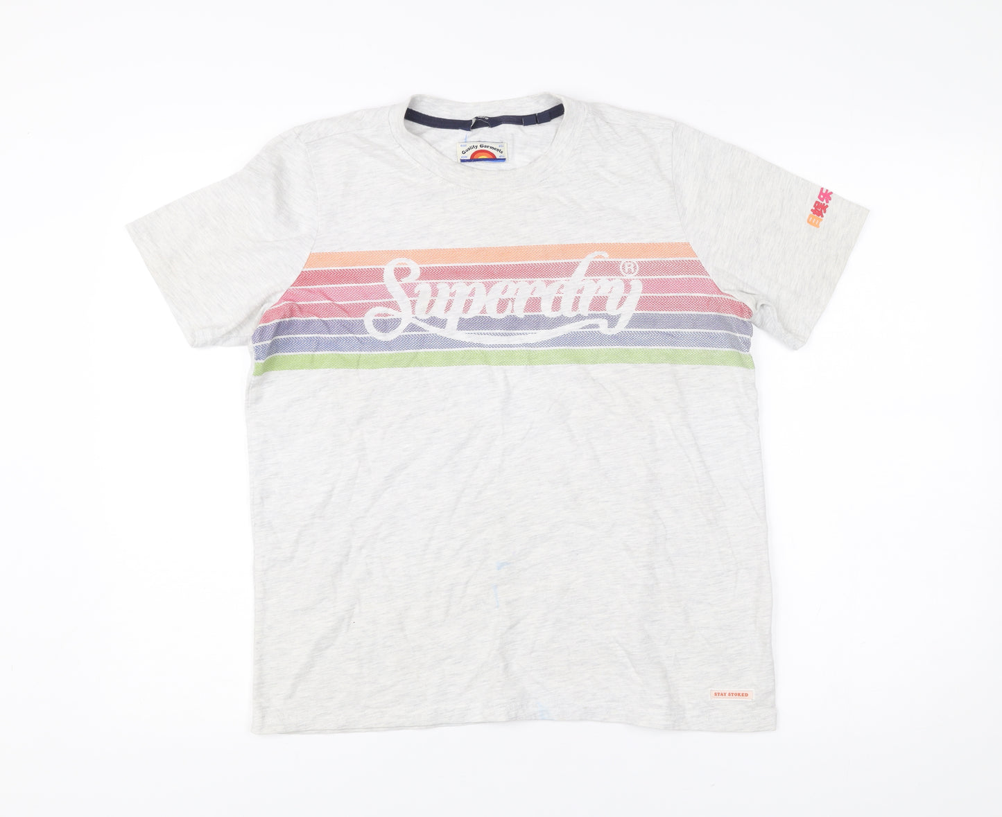 Superdry Womens Grey Striped Retro Logo T-Shirt UK 12