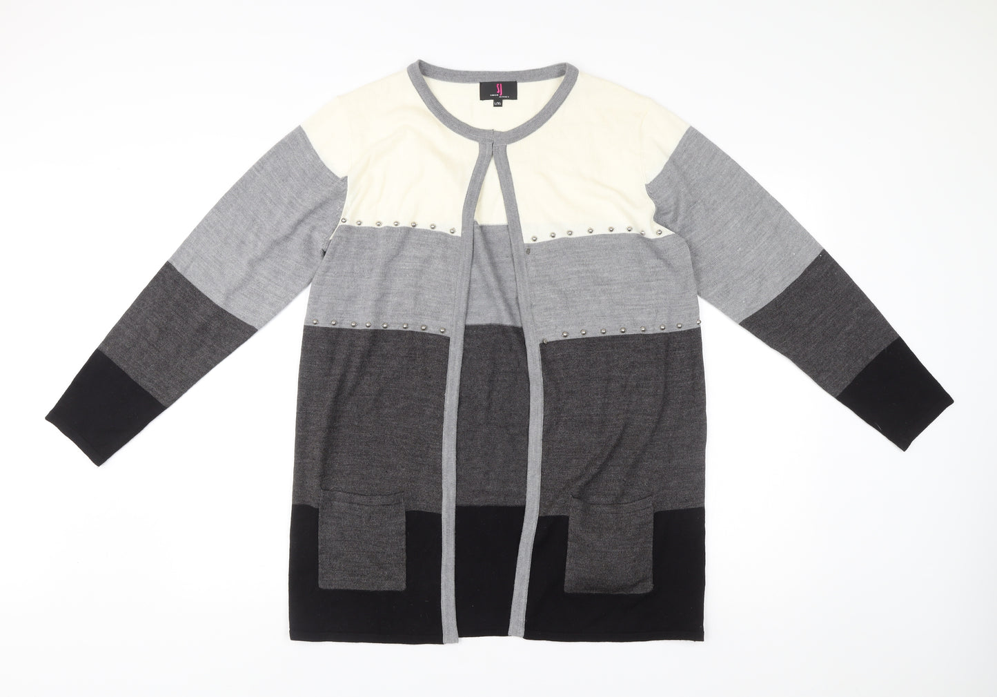 Simon Jeffrey Women’s Grey Black Ivory Studded Open Cardigan L/XL