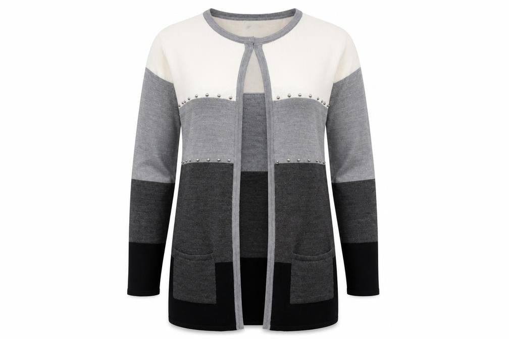 Simon Jeffrey Women’s Grey Black Ivory Studded Open Cardigan L/XL