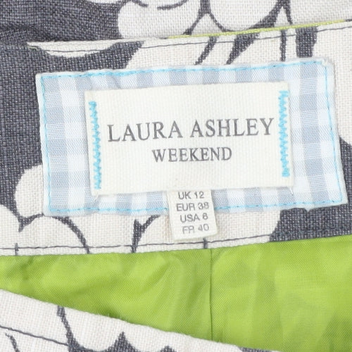 Laura Ashley Women’s Grey Floral Linen Cotton A-Line Skirt UK 12