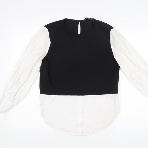 Zara Women’s Black White Colourblock Cotton Blouse Tunic Top Size S
