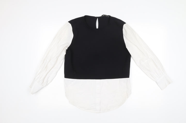 Zara Women’s Black White Colourblock Cotton Blouse Tunic Top Size S