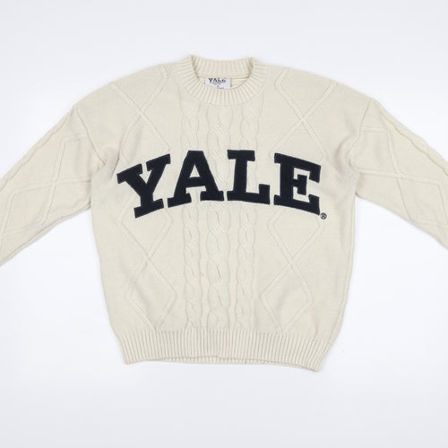 Yale University Men’s Ivory Cable Knit Jumper Size S Logo Pullover