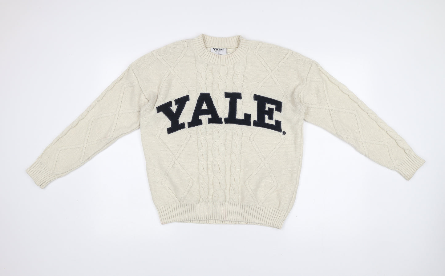 Yale University Men’s Ivory Cable Knit Jumper Size S Logo Pullover