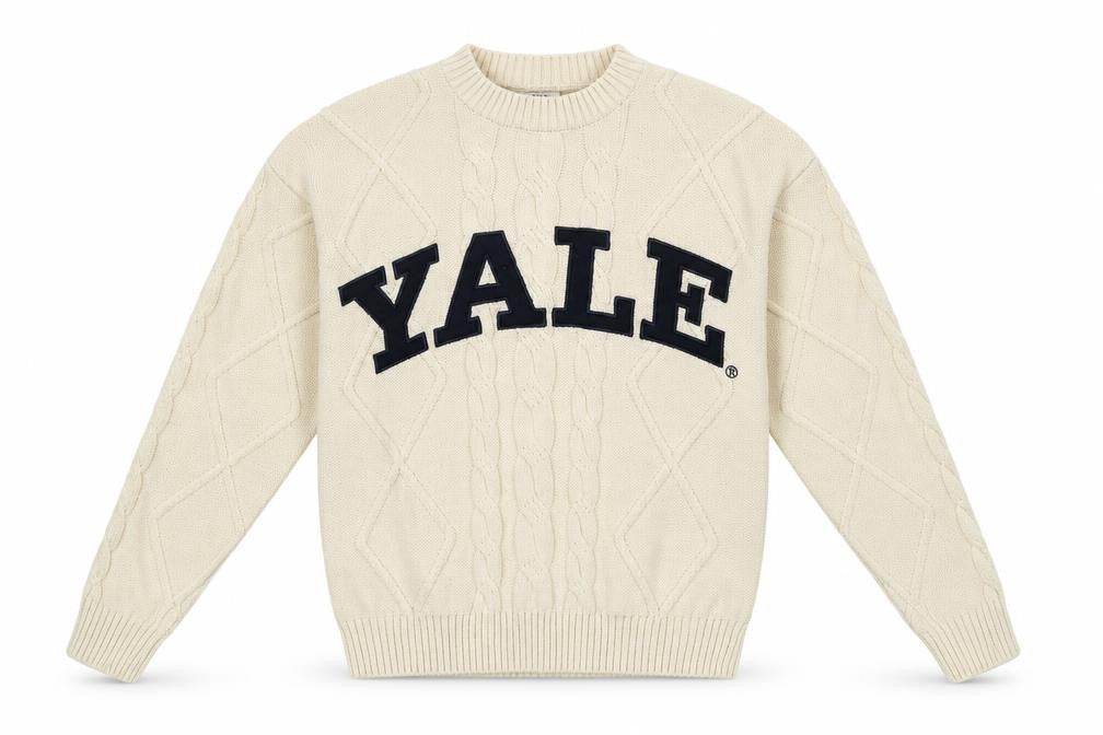 Front view of Yale University Men’s Ivory Cable Knit Jumper, size S, Logo Pullover