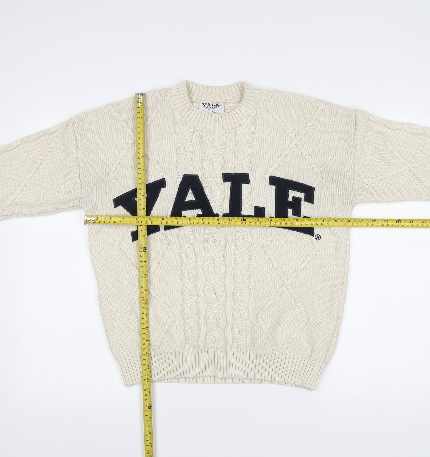 Yale University Men’s Ivory Cable Knit Jumper Size S Logo Pullover