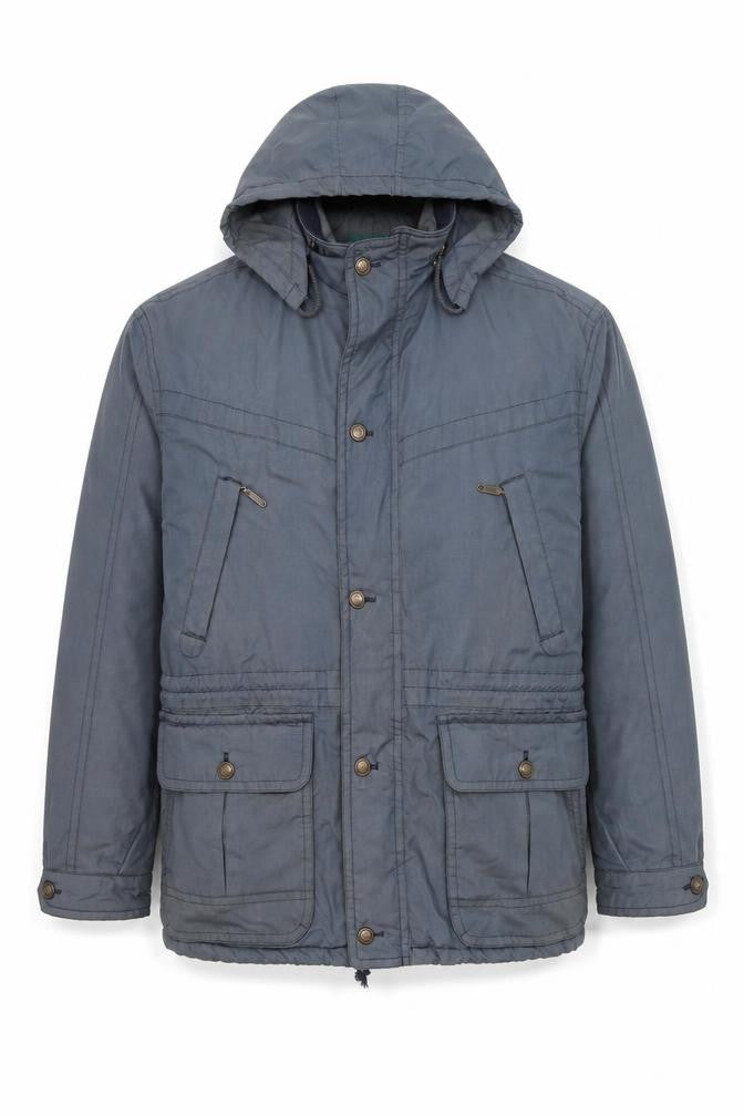 Front view of Baracuta Men's Blue Parka Jacket, size 40, Regular Hooded Lined