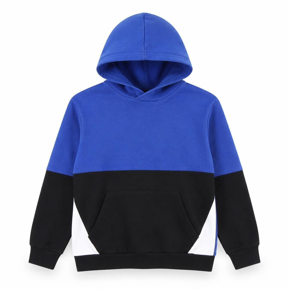 Front view of H&M boys’ blue black colourblock pullover hoodie 9-10y cotton blend