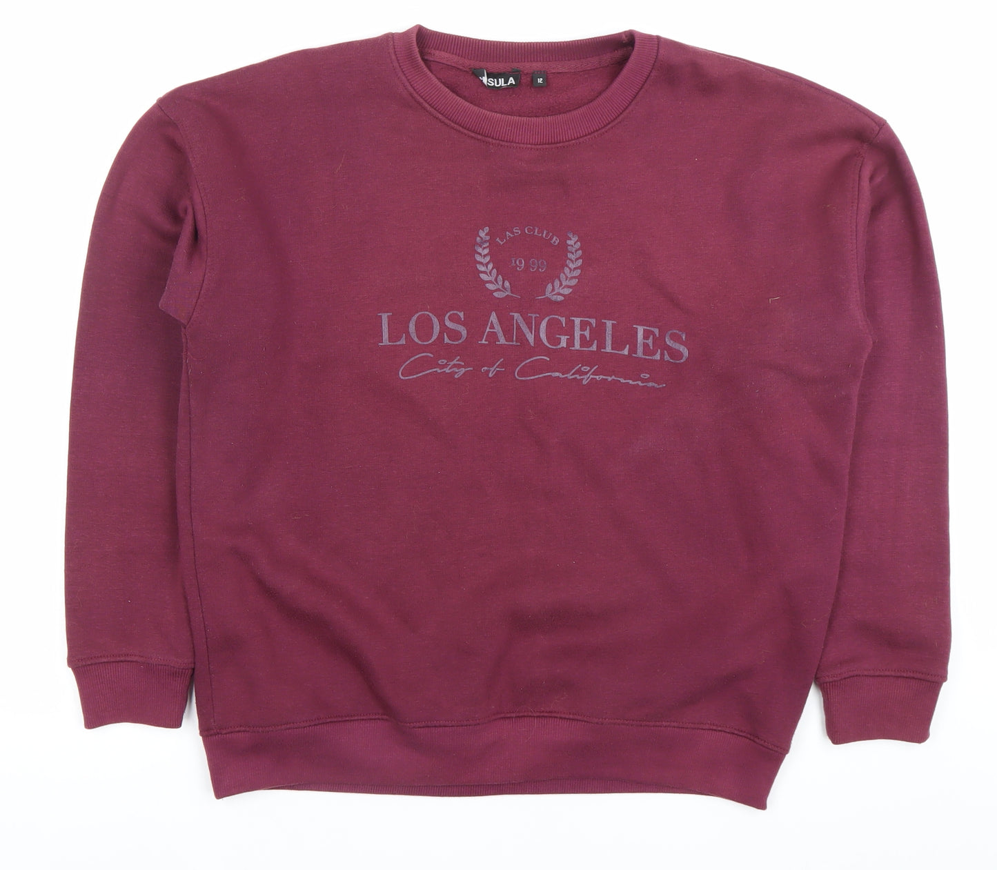 Lasula Womens Red Pullover Sweatshirt Size 12 Logo Print Crew Neck