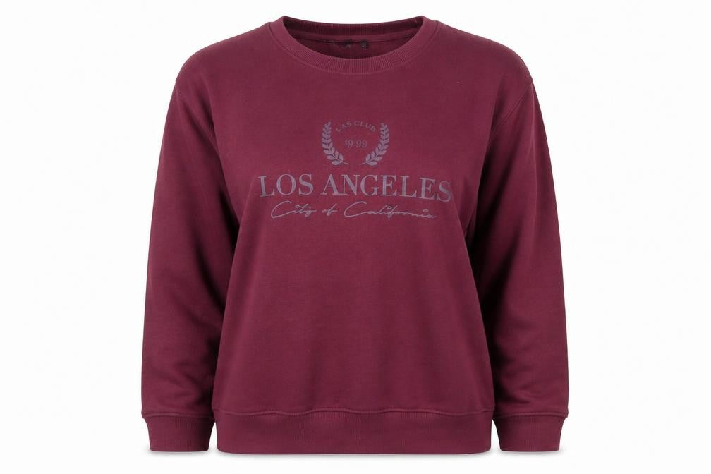 Front view of Lasula women’s red pullover sweatshirt, size UK 12, logo print crew neck