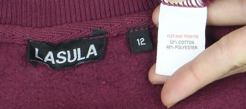 Lasula Womens Red Pullover Sweatshirt Size 12 Logo Print Crew Neck