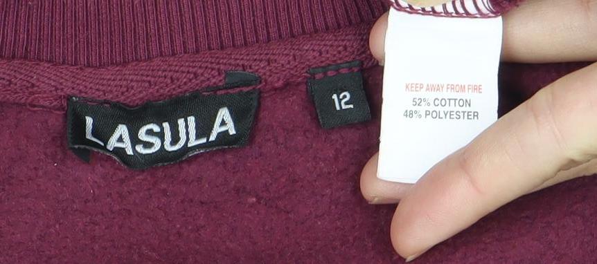 Lasula Womens Red Pullover Sweatshirt Size 12 Logo Print Crew Neck