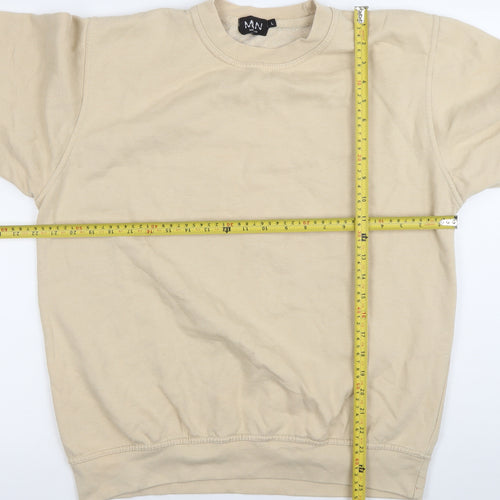 boohooMAN Men's Beige Pullover Sweatshirt L Graphic Print Crew Neck