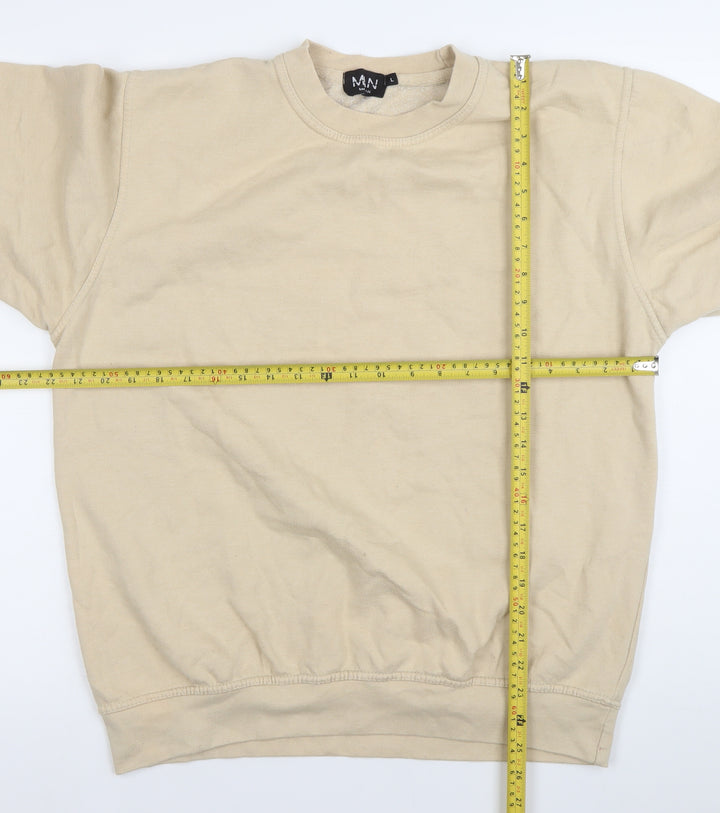 boohooMAN Men's Beige Pullover Sweatshirt L Graphic Print Crew Neck