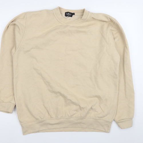boohooMAN Men's Beige Pullover Sweatshirt L Graphic Print Crew Neck