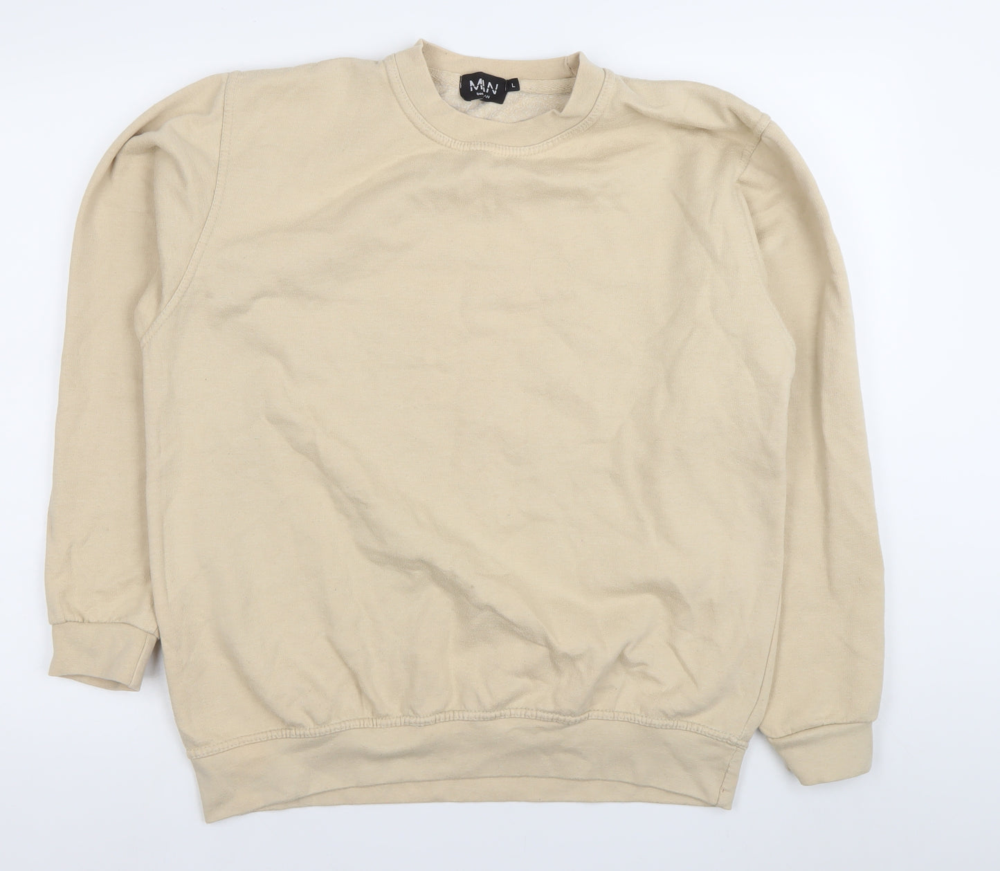 boohooMAN Men's Beige Pullover Sweatshirt L Graphic Print Crew Neck