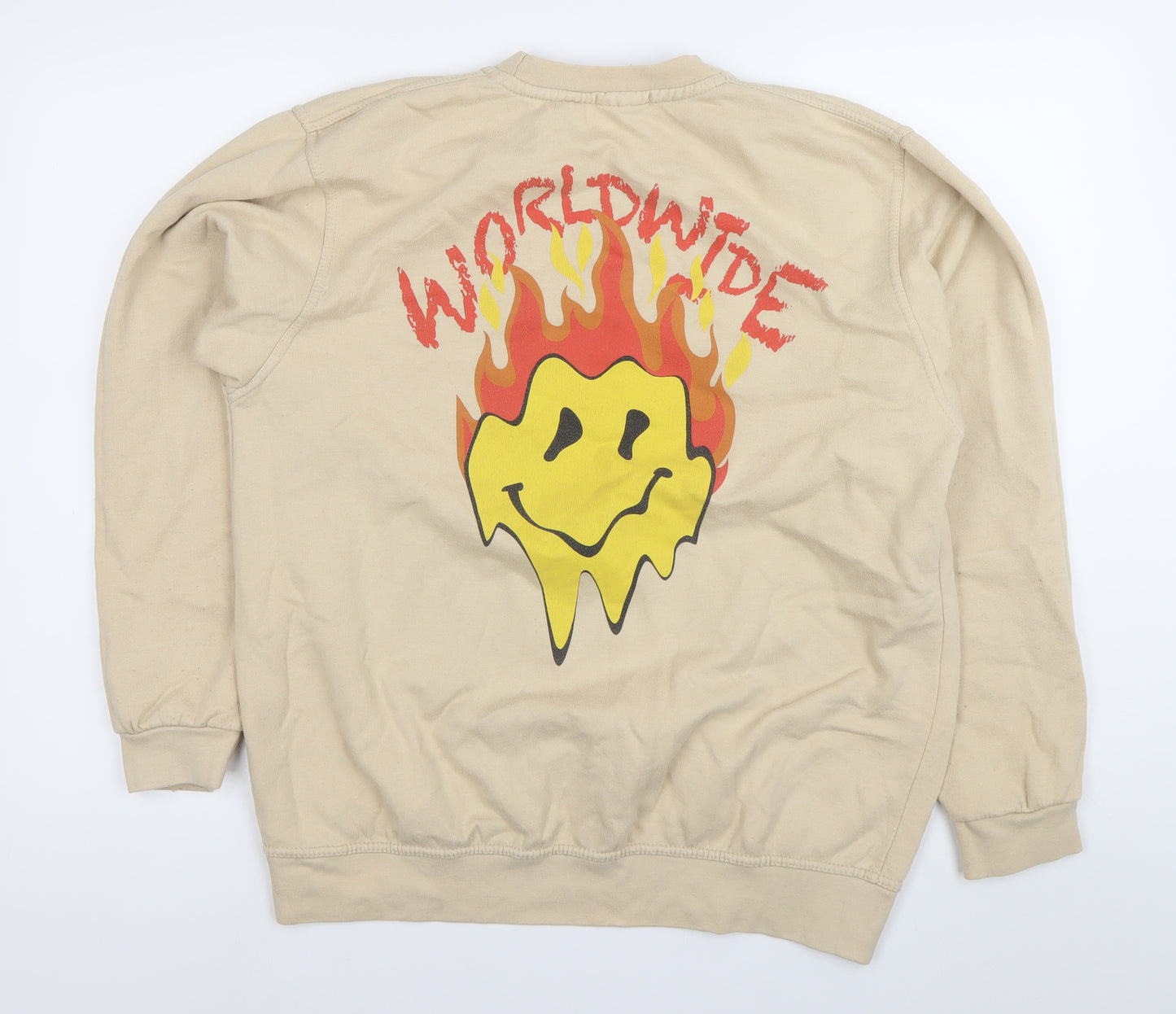 boohooMAN Men's Beige Pullover Sweatshirt L Graphic Print Crew Neck