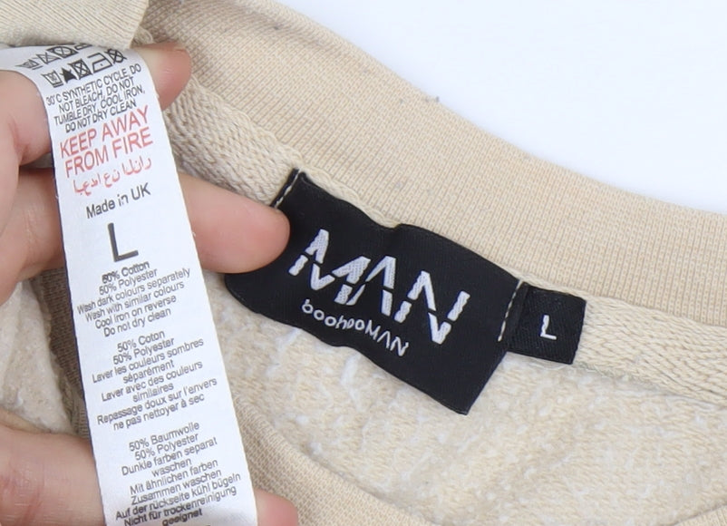 boohooMAN Men's Beige Pullover Sweatshirt L Graphic Print Crew Neck