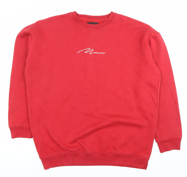 BoohooMAN Men's Red Logo Pullover Sweatshirt Size S Crew Neck