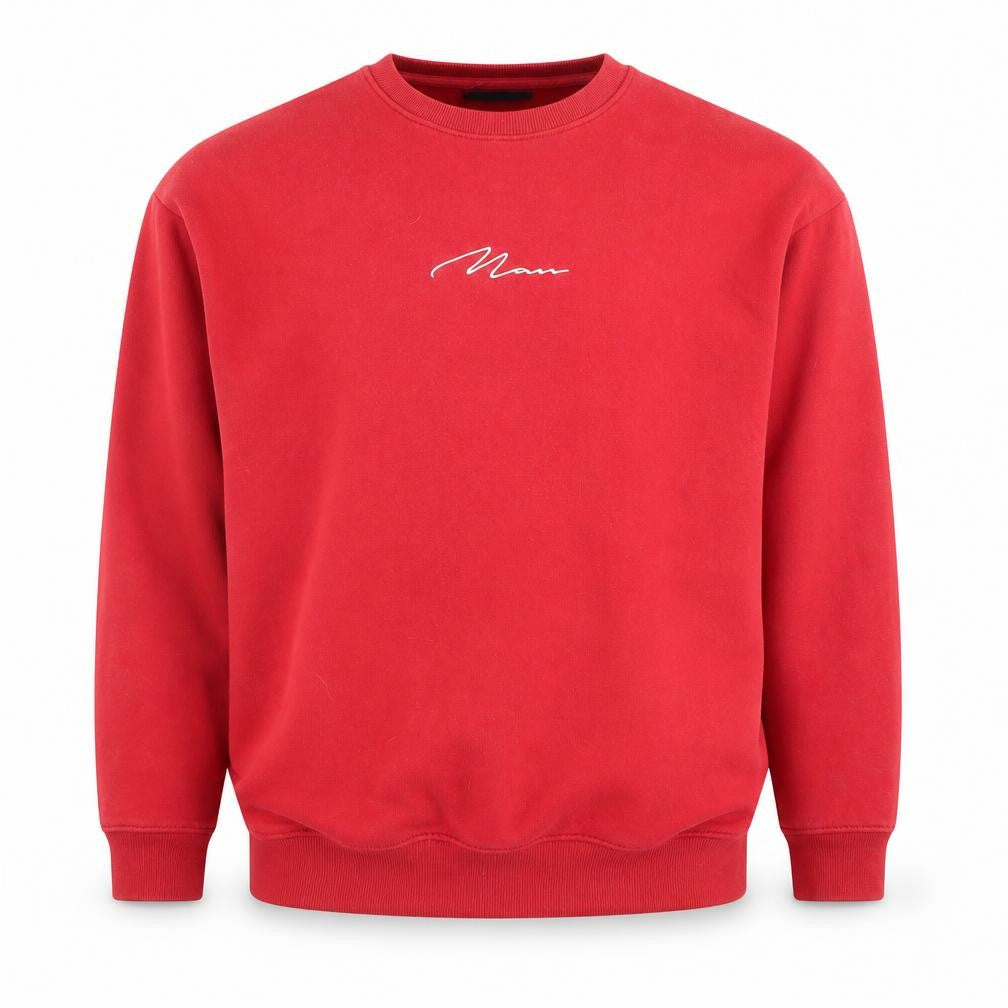 Front view of boohooMAN Men's Red Logo Pullover Sweatshirt, size S, Crew Neck