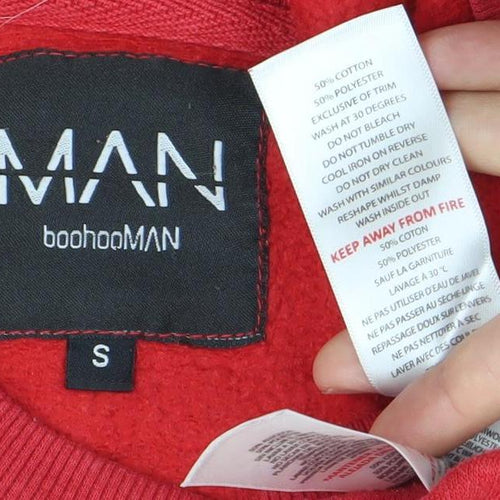 BoohooMAN Men's Red Logo Pullover Sweatshirt Size S Crew Neck