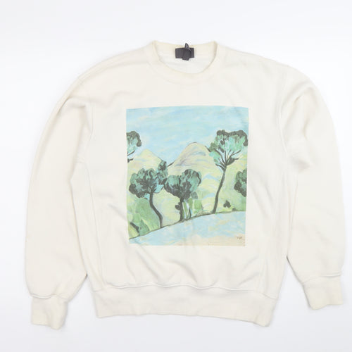 H&M Women Ivory XS Oversized Fit Pullover Sweatshirt with Art Print
