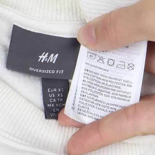 H&M Women Ivory XS Oversized Fit Pullover Sweatshirt with Art Print