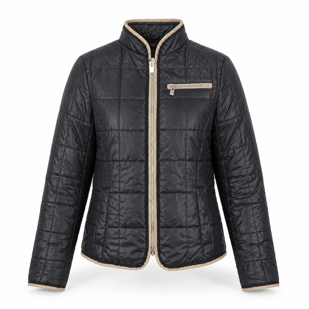 Front view of Mohito women’s black quilted polyester jacket, size UK 6, full zip