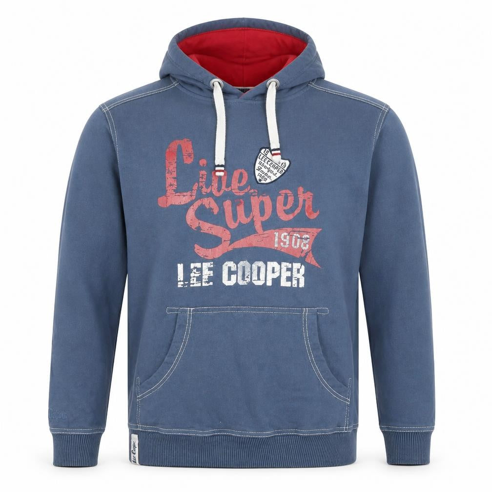 Front view of Lee Cooper Men’s Blue Pullover Hoodie M Graphic Print Cotton Blend