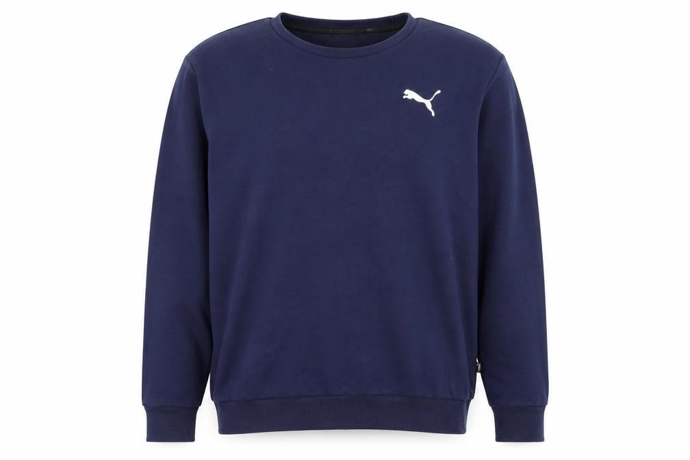 Front view of Puma Men’s Blue Crew Neck Pullover Sweatshirt, size L, Logo Sportswear