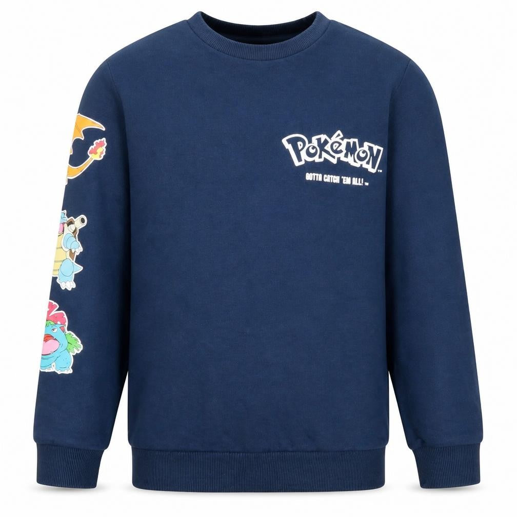 Front view of Pokémon boys’ blue pullover sweatshirt 9-10 years graphic print crew neck