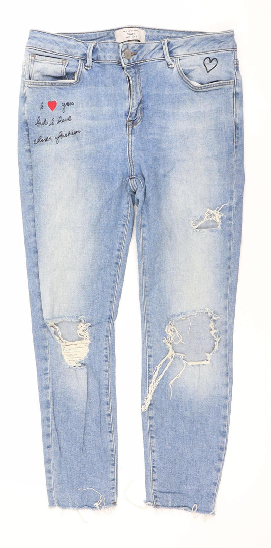 New Look Girls Blue Skinny Ripped Jeans UK 14 Petite Cotton Stretch