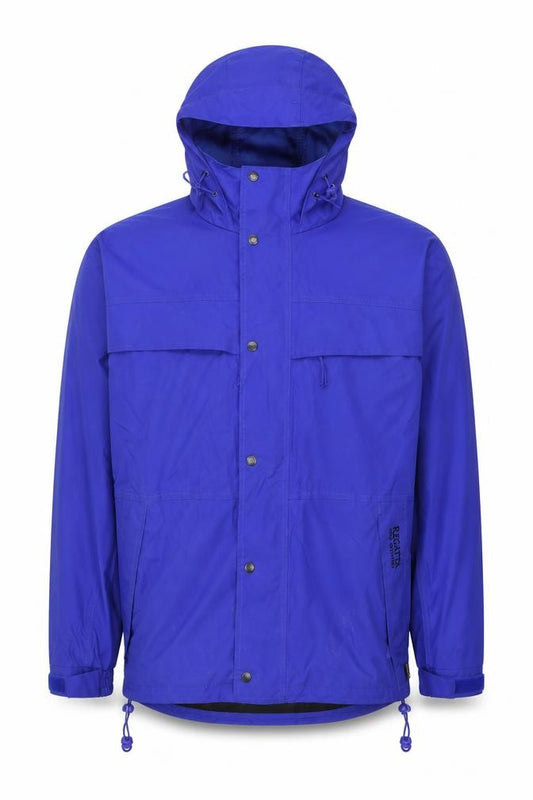 Front view of Regatta Men's Blue Waterproof Hooded Rain Jacket, size S, 38in