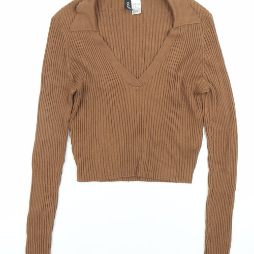 H&M Divided Womens Brown Cropped Knit Collared Blouse Size M
